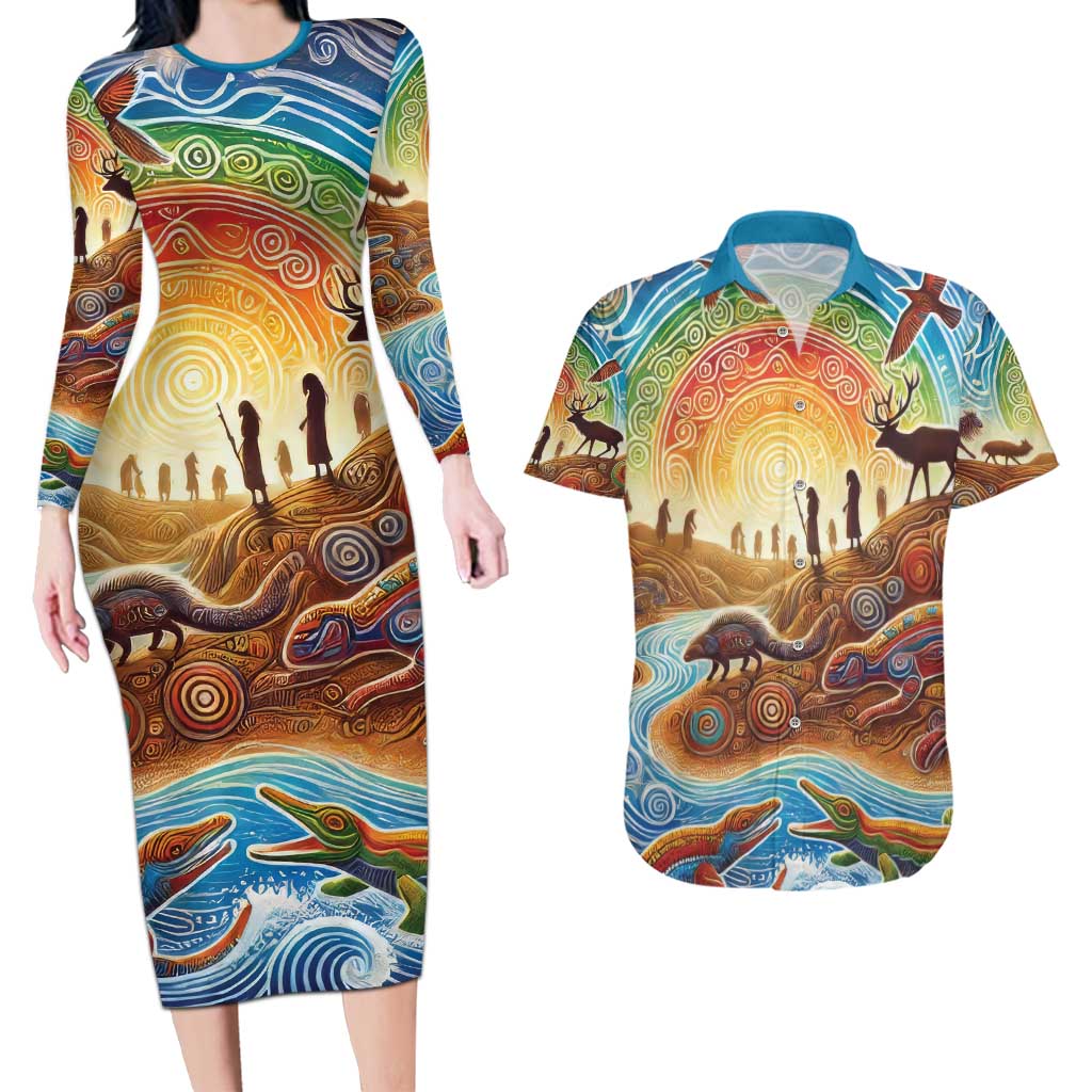 Aboriginal Dreamtime Animals Stories Couples Matching Long Sleeve Bodycon Dress and Hawaiian Shirt