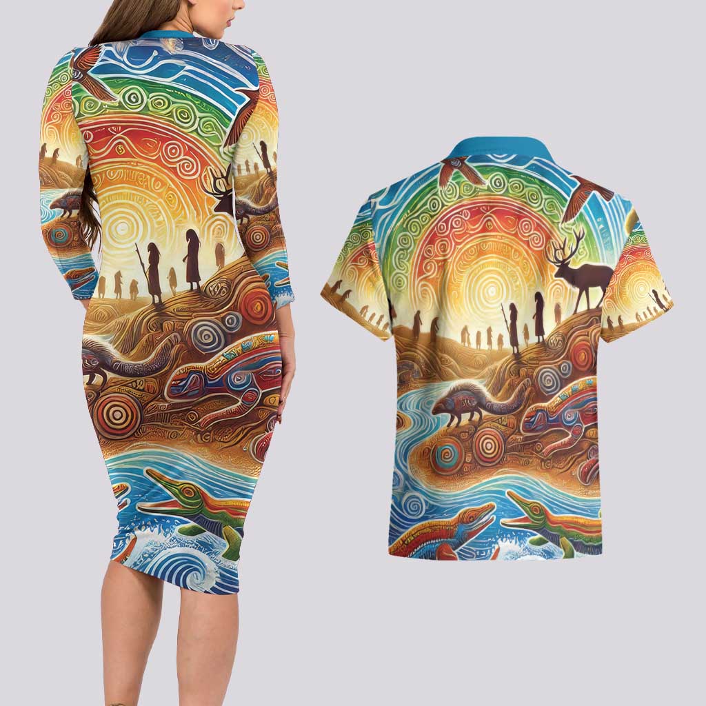 Aboriginal Dreamtime Animals Stories Couples Matching Long Sleeve Bodycon Dress and Hawaiian Shirt