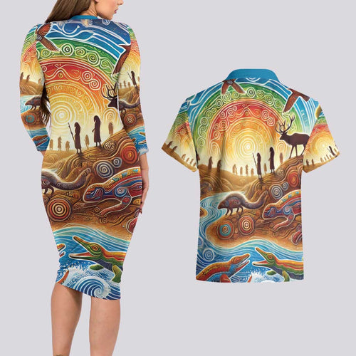 Aboriginal Dreamtime Animals Stories Couples Matching Long Sleeve Bodycon Dress and Hawaiian Shirt
