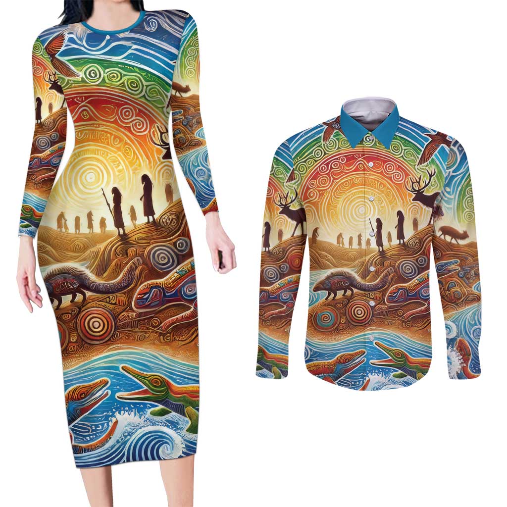 Aboriginal Dreamtime Animals Stories Couples Matching Long Sleeve Bodycon Dress and Long Sleeve Button Shirt