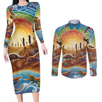 Aboriginal Dreamtime Animals Stories Couples Matching Long Sleeve Bodycon Dress and Long Sleeve Button Shirt
