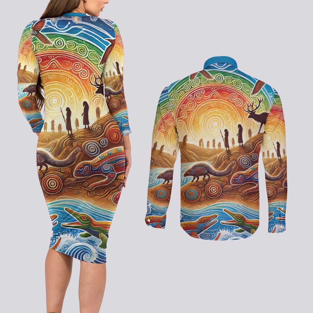 Aboriginal Dreamtime Animals Stories Couples Matching Long Sleeve Bodycon Dress and Long Sleeve Button Shirt