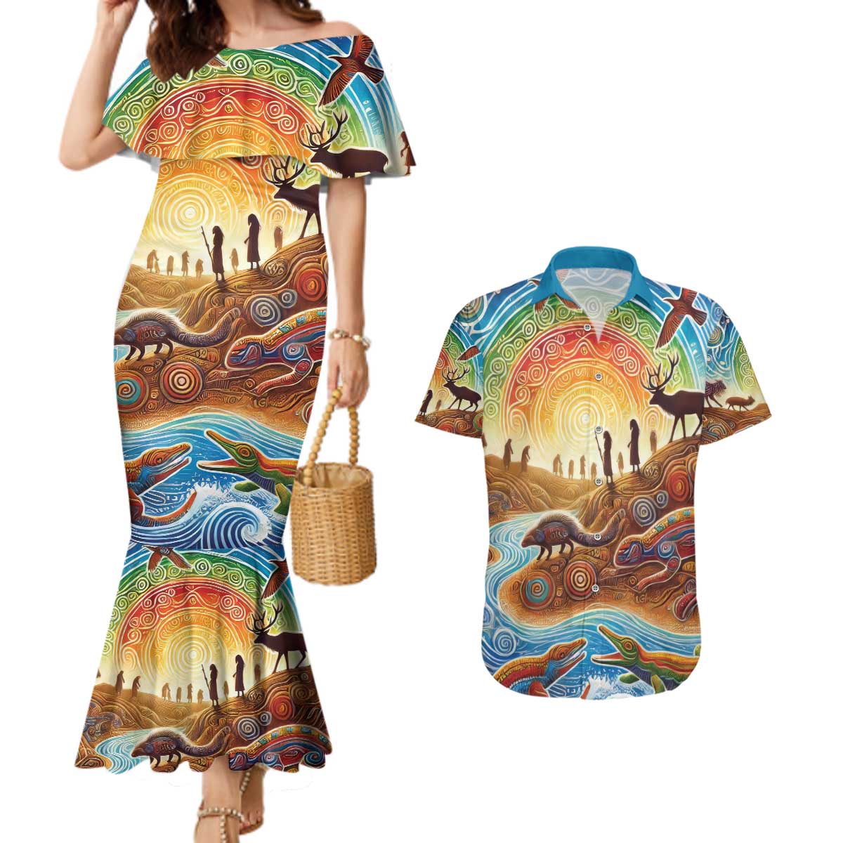 Aboriginal Dreamtime Animals Stories Couples Matching Mermaid Dress and Hawaiian Shirt