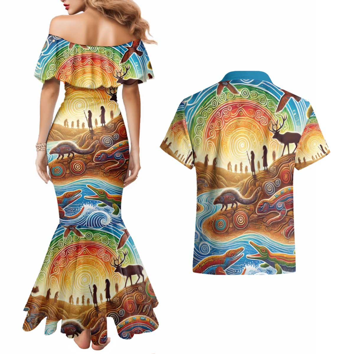 Aboriginal Dreamtime Animals Stories Couples Matching Mermaid Dress and Hawaiian Shirt