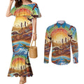 Aboriginal Dreamtime Animals Stories Couples Matching Mermaid Dress and Long Sleeve Button Shirt