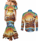 Aboriginal Dreamtime Animals Stories Couples Matching Mermaid Dress and Long Sleeve Button Shirt