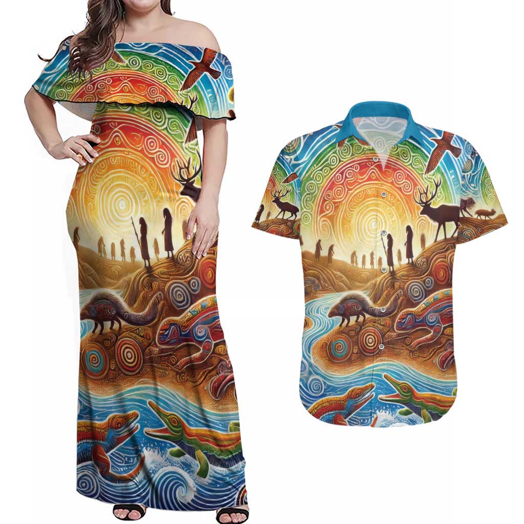 Aboriginal Dreamtime Animals Stories Couples Matching Off Shoulder Maxi Dress and Hawaiian Shirt
