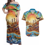 Aboriginal Dreamtime Animals Stories Couples Matching Off Shoulder Maxi Dress and Hawaiian Shirt