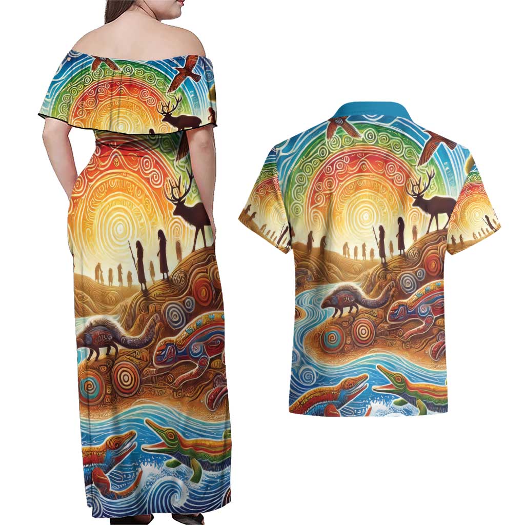 Aboriginal Dreamtime Animals Stories Couples Matching Off Shoulder Maxi Dress and Hawaiian Shirt