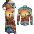 Aboriginal Dreamtime Animals Stories Couples Matching Off Shoulder Maxi Dress and Long Sleeve Button Shirt