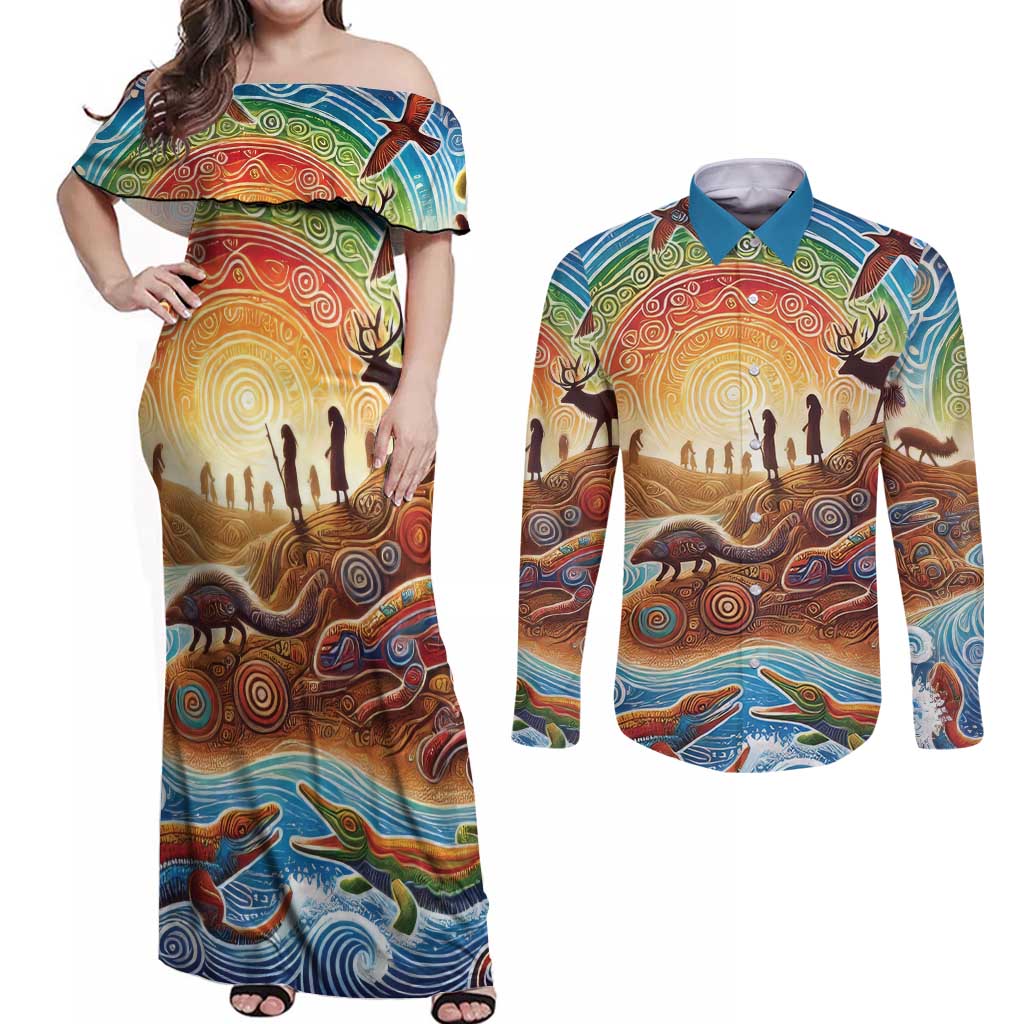 Aboriginal Dreamtime Animals Stories Couples Matching Off Shoulder Maxi Dress and Long Sleeve Button Shirt
