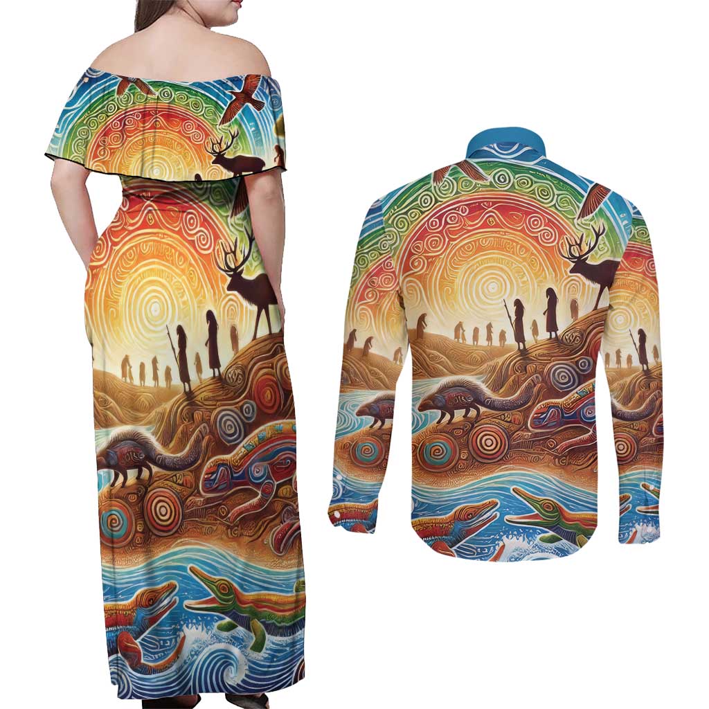 Aboriginal Dreamtime Animals Stories Couples Matching Off Shoulder Maxi Dress and Long Sleeve Button Shirt