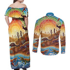 Aboriginal Dreamtime Animals Stories Couples Matching Off Shoulder Maxi Dress and Long Sleeve Button Shirt