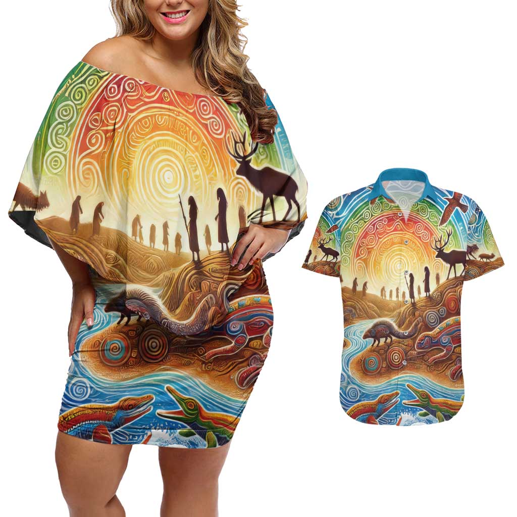 Aboriginal Dreamtime Animals Stories Couples Matching Off Shoulder Short Dress and Hawaiian Shirt