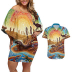 Aboriginal Dreamtime Animals Stories Couples Matching Off Shoulder Short Dress and Hawaiian Shirt