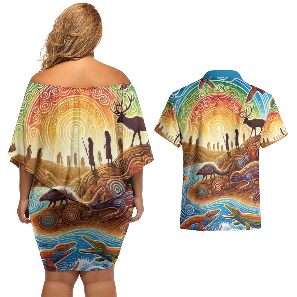 Aboriginal Dreamtime Animals Stories Couples Matching Off Shoulder Short Dress and Hawaiian Shirt