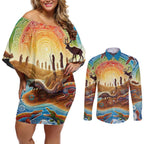 Aboriginal Dreamtime Animals Stories Couples Matching Off Shoulder Short Dress and Long Sleeve Button Shirt