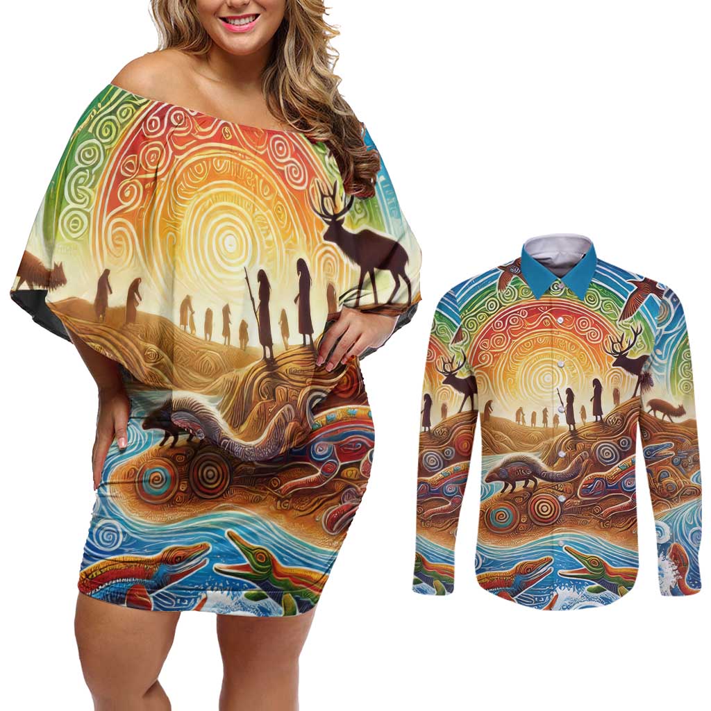 Aboriginal Dreamtime Animals Stories Couples Matching Off Shoulder Short Dress and Long Sleeve Button Shirt