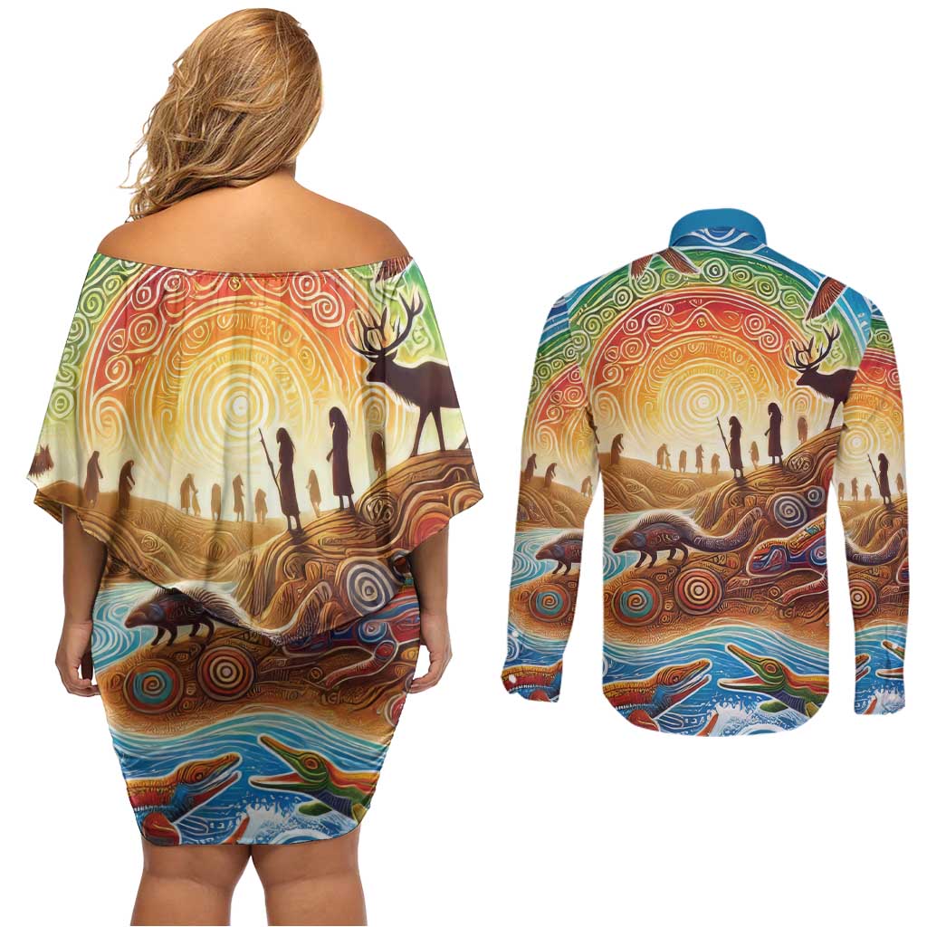 Aboriginal Dreamtime Animals Stories Couples Matching Off Shoulder Short Dress and Long Sleeve Button Shirt