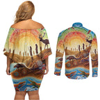 Aboriginal Dreamtime Animals Stories Couples Matching Off Shoulder Short Dress and Long Sleeve Button Shirt