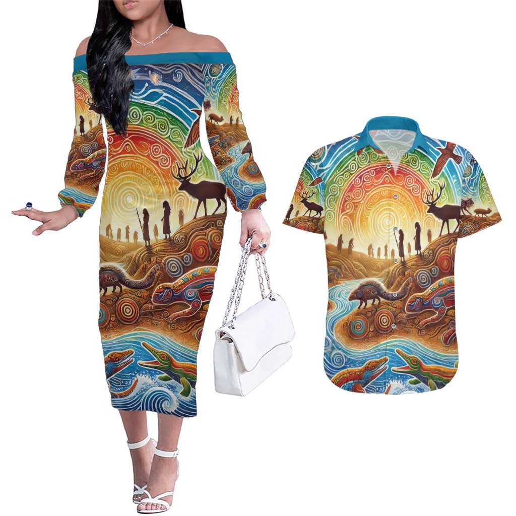 Aboriginal Dreamtime Animals Stories Couples Matching Off The Shoulder Long Sleeve Dress and Hawaiian Shirt