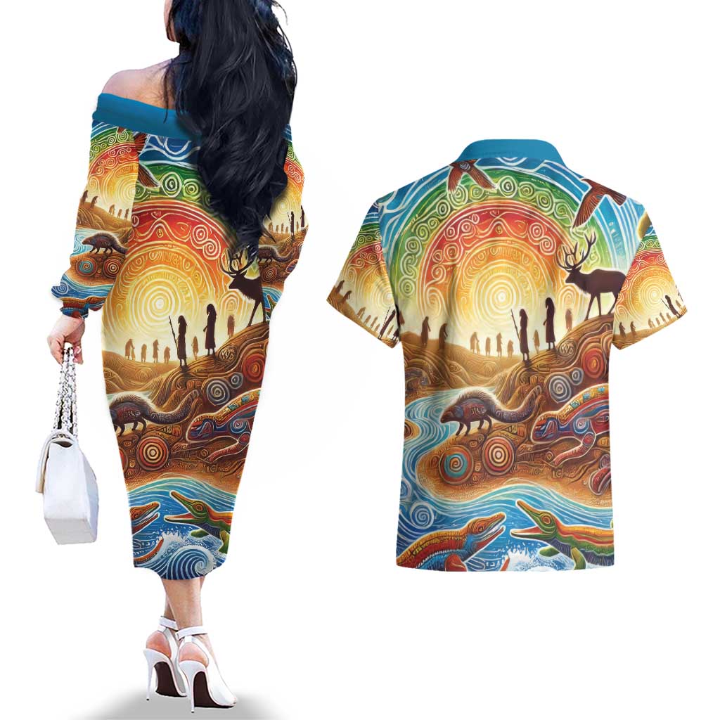 Aboriginal Dreamtime Animals Stories Couples Matching Off The Shoulder Long Sleeve Dress and Hawaiian Shirt