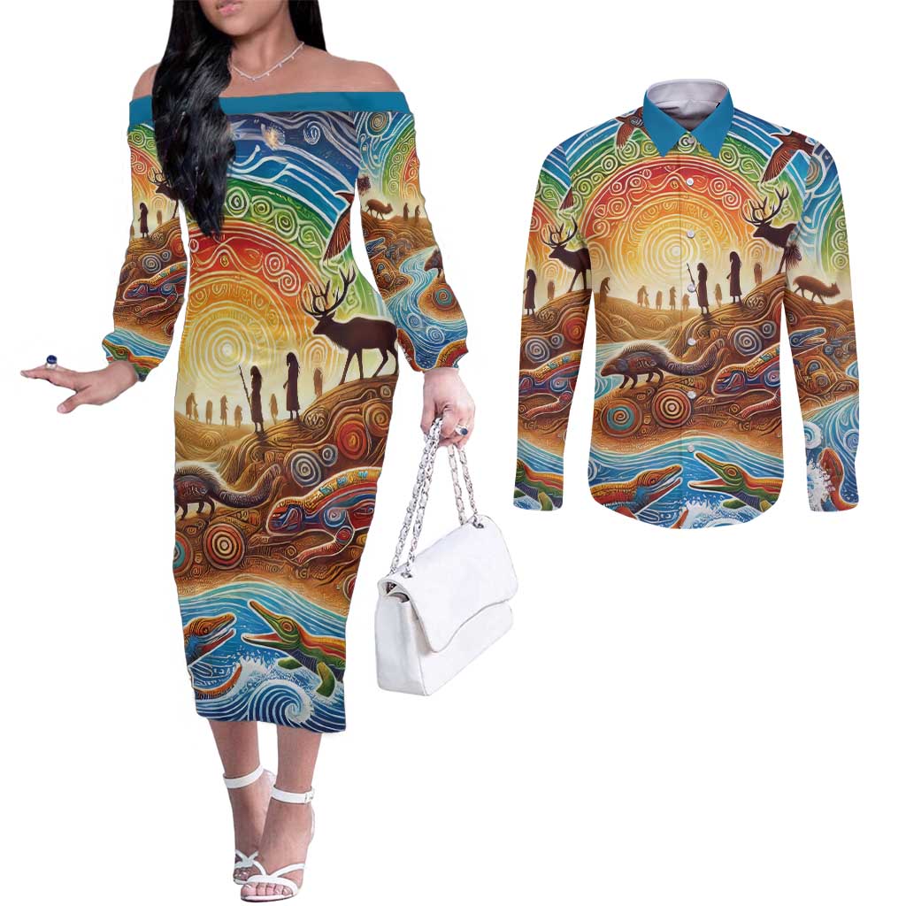 Aboriginal Dreamtime Animals Stories Couples Matching Off The Shoulder Long Sleeve Dress and Long Sleeve Button Shirt