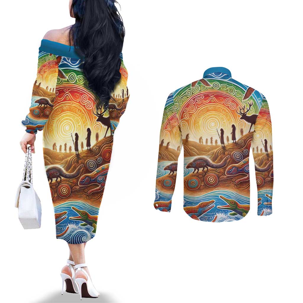 Aboriginal Dreamtime Animals Stories Couples Matching Off The Shoulder Long Sleeve Dress and Long Sleeve Button Shirt