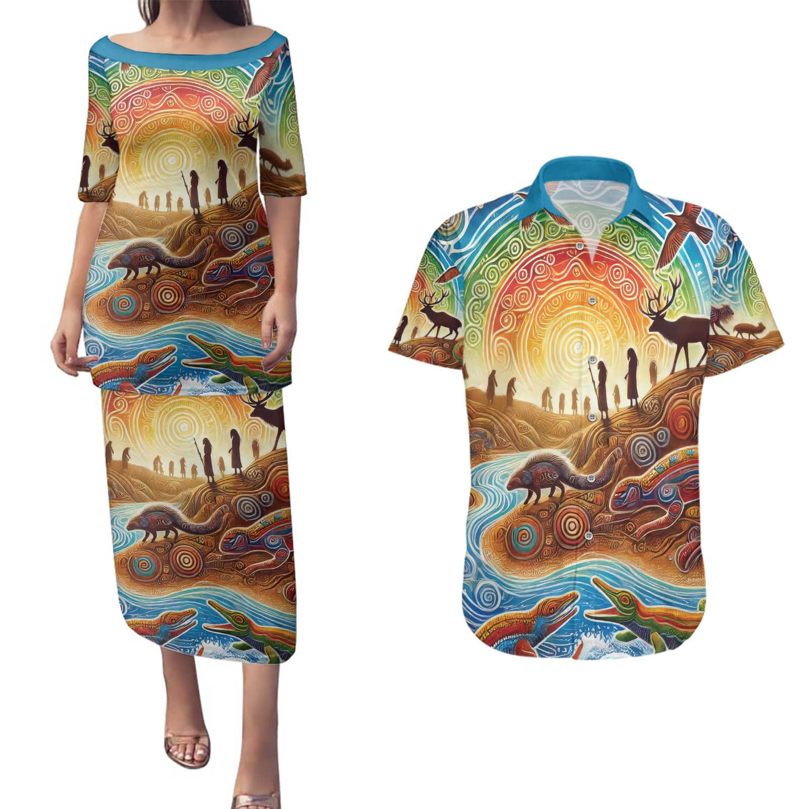 Aboriginal Dreamtime Animals Stories Couples Matching Puletasi and Hawaiian Shirt