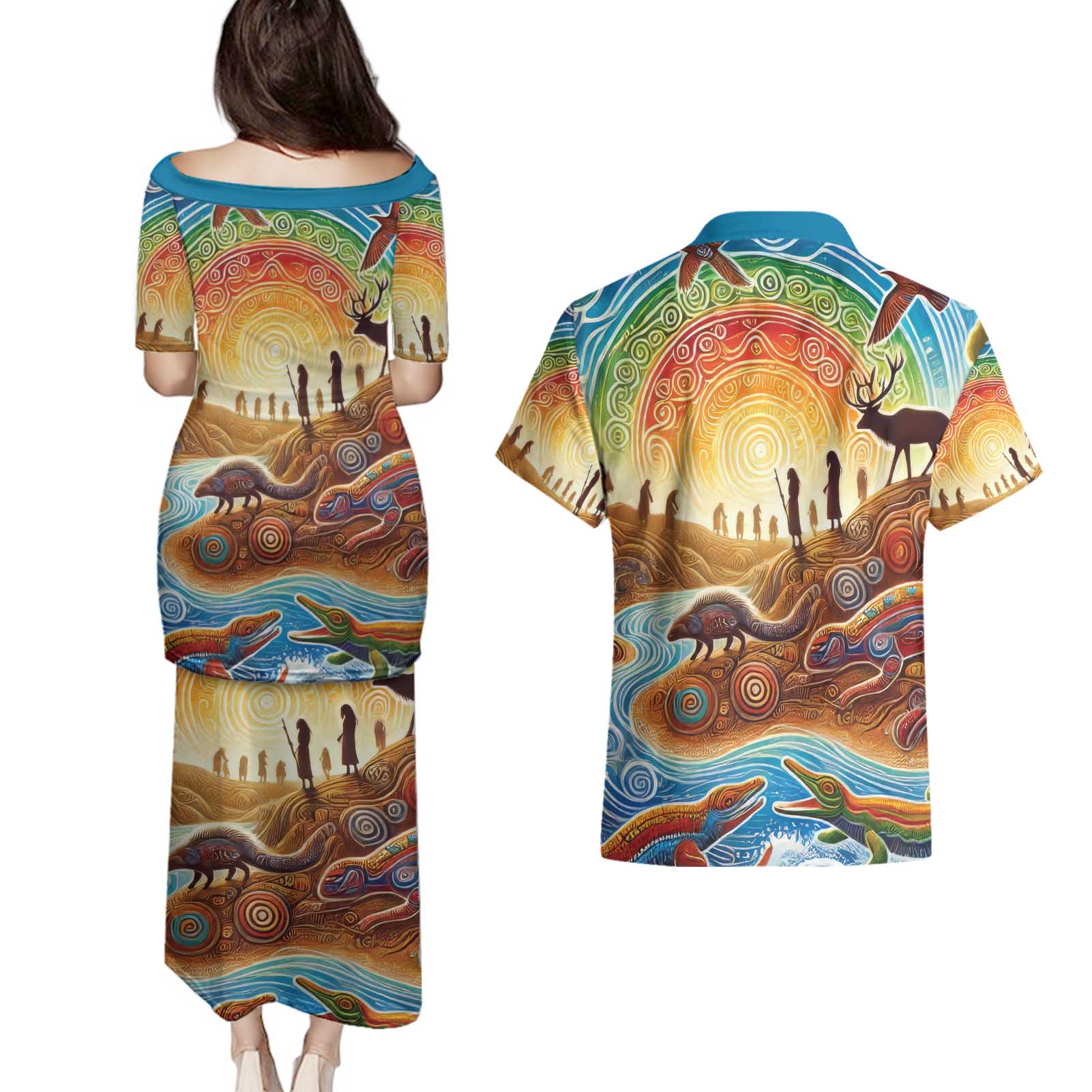 Aboriginal Dreamtime Animals Stories Couples Matching Puletasi and Hawaiian Shirt