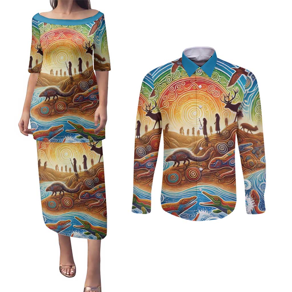 Aboriginal Dreamtime Animals Stories Couples Matching Puletasi and Long Sleeve Button Shirt