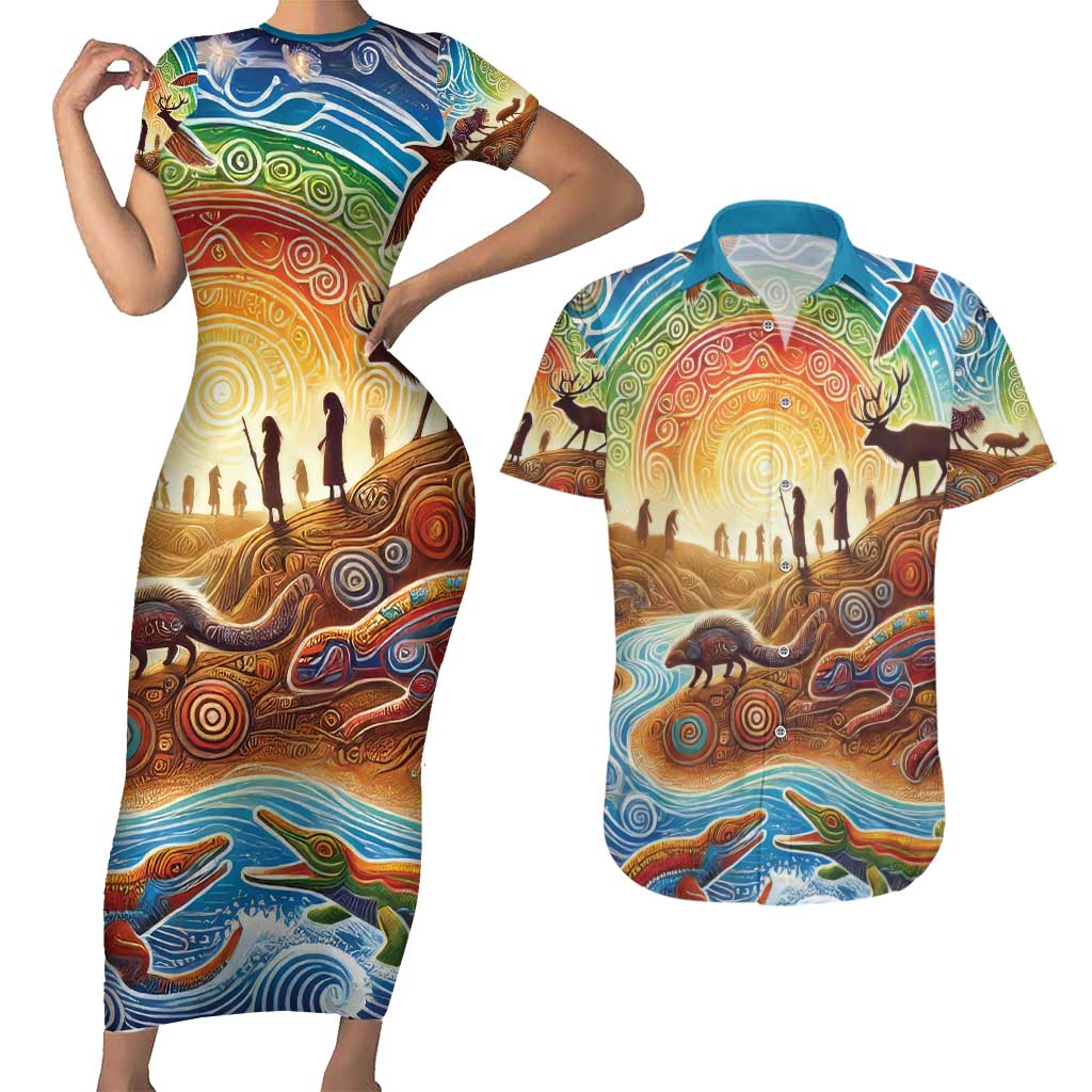 Aboriginal Dreamtime Animals Stories Couples Matching Short Sleeve Bodycon Dress and Hawaiian Shirt