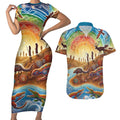 Aboriginal Dreamtime Animals Stories Couples Matching Short Sleeve Bodycon Dress and Hawaiian Shirt