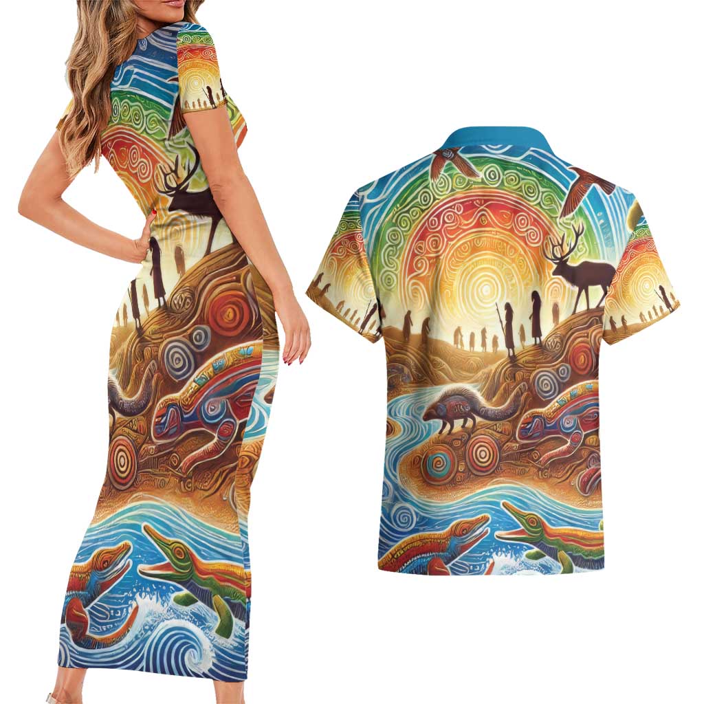 Aboriginal Dreamtime Animals Stories Couples Matching Short Sleeve Bodycon Dress and Hawaiian Shirt