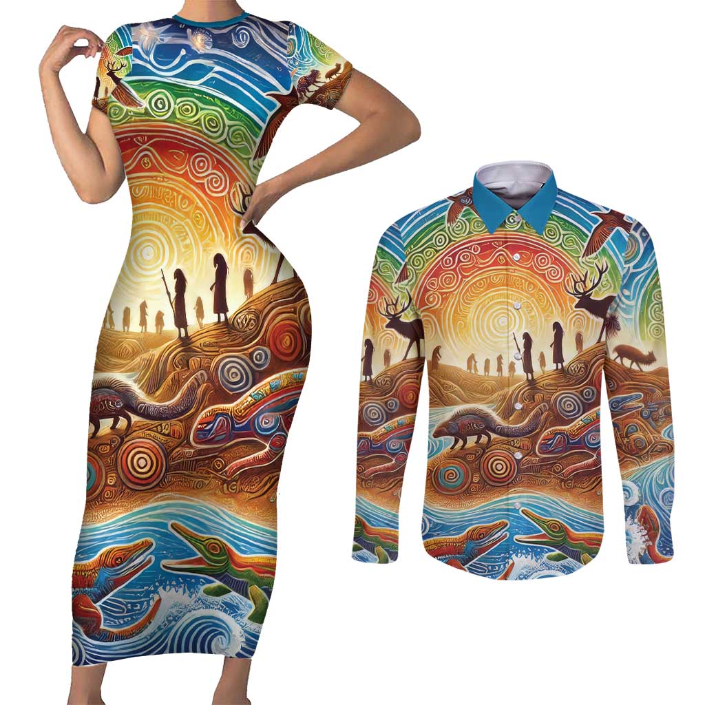 Aboriginal Dreamtime Animals Stories Couples Matching Short Sleeve Bodycon Dress and Long Sleeve Button Shirt