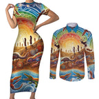 Aboriginal Dreamtime Animals Stories Couples Matching Short Sleeve Bodycon Dress and Long Sleeve Button Shirt