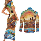Aboriginal Dreamtime Animals Stories Couples Matching Short Sleeve Bodycon Dress and Long Sleeve Button Shirt