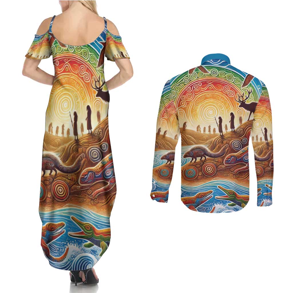 Aboriginal Dreamtime Animals Stories Couples Matching Summer Maxi Dress and Long Sleeve Button Shirt