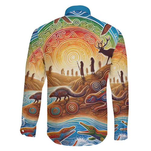 Aboriginal Dreamtime Animals Stories Family Matching Off The Shoulder Long Sleeve Dress and Hawaiian Shirt
