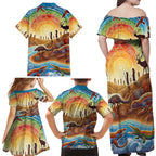 Aboriginal Dreamtime Animals Stories Family Matching Off Shoulder Maxi Dress and Hawaiian Shirt