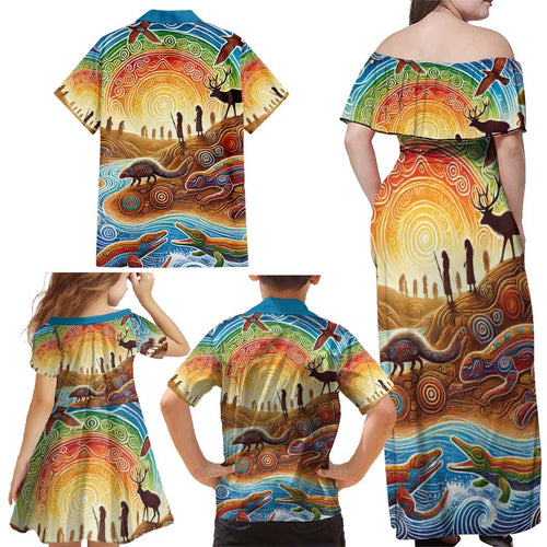 Aboriginal Dreamtime Animals Stories Family Matching Off Shoulder Maxi Dress and Hawaiian Shirt