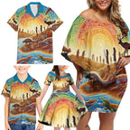 Aboriginal Dreamtime Animals Stories Family Matching Off Shoulder Short Dress and Hawaiian Shirt