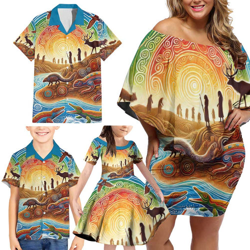 Aboriginal Dreamtime Animals Stories Family Matching Off Shoulder Short Dress and Hawaiian Shirt