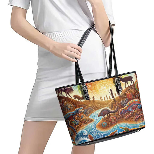 Aboriginal Dreamtime Animals Stories Leather Tote Bag