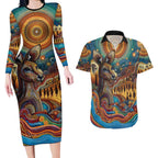 Aboriginal Dreamtime Stories Land Couples Matching Long Sleeve Bodycon Dress and Hawaiian Shirt