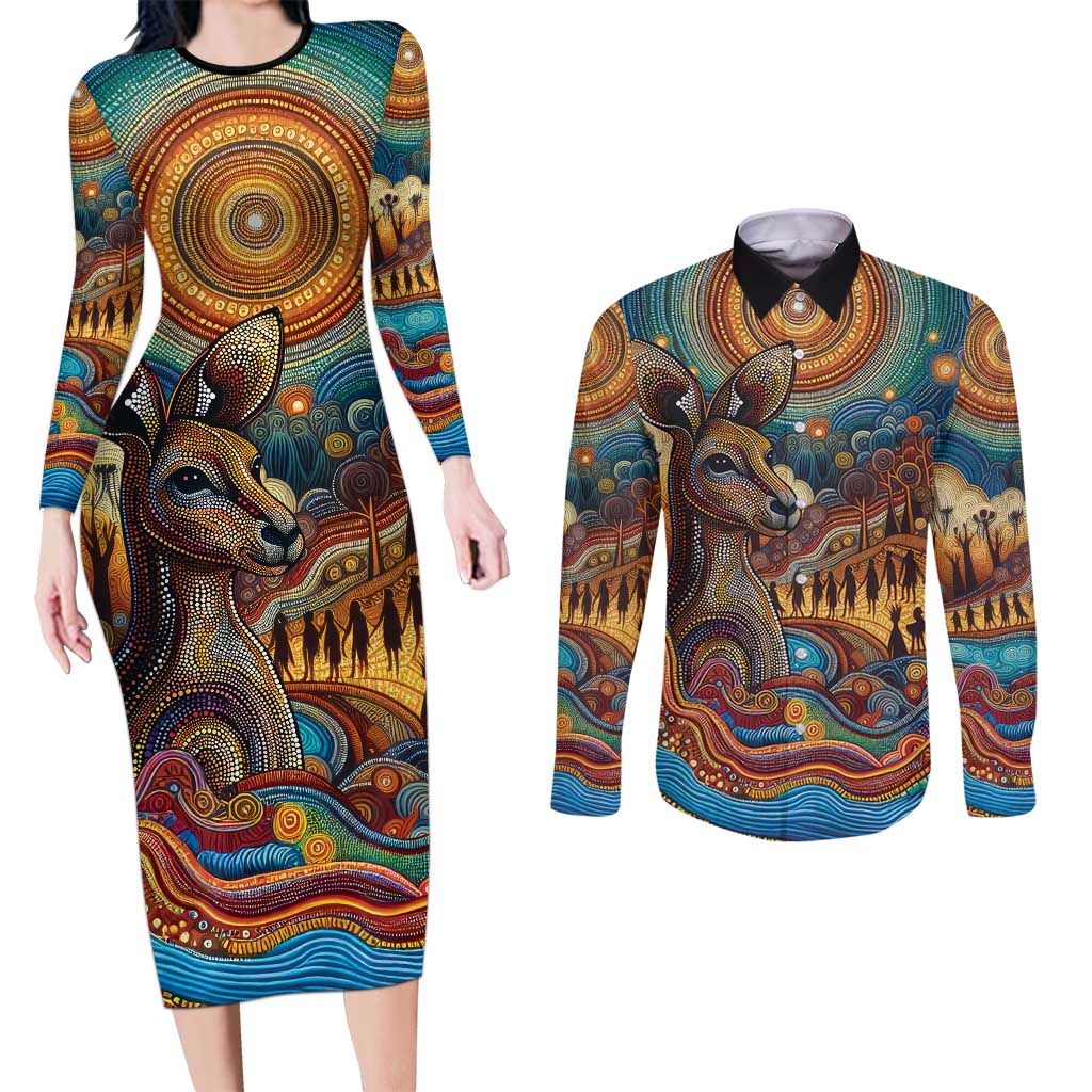 Aboriginal Dreamtime Stories Land Couples Matching Long Sleeve Bodycon Dress and Long Sleeve Button Shirt
