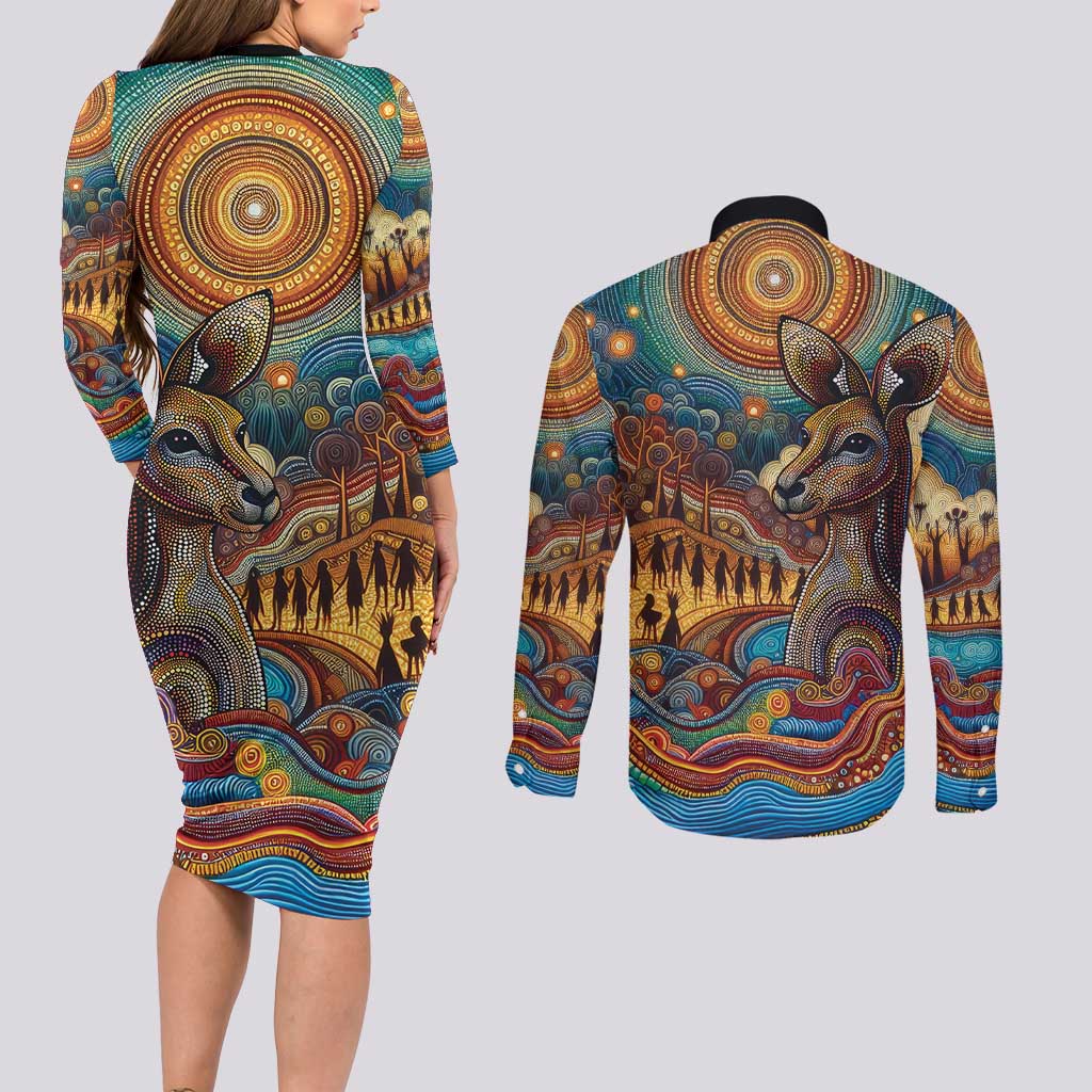 Aboriginal Dreamtime Stories Land Couples Matching Long Sleeve Bodycon Dress and Long Sleeve Button Shirt