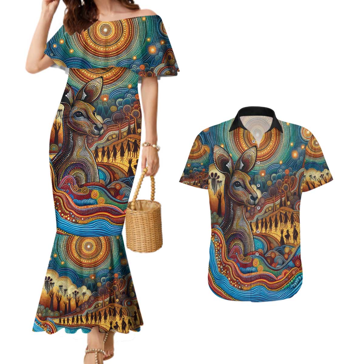 Aboriginal Dreamtime Stories Land Couples Matching Mermaid Dress and Hawaiian Shirt
