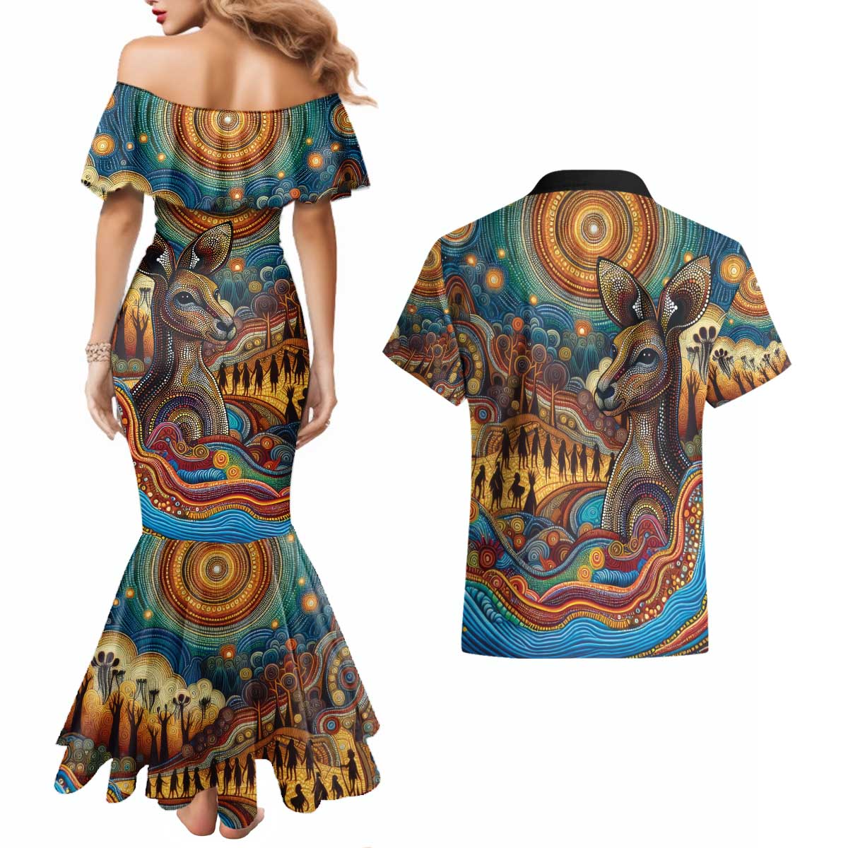 Aboriginal Dreamtime Stories Land Couples Matching Mermaid Dress and Hawaiian Shirt