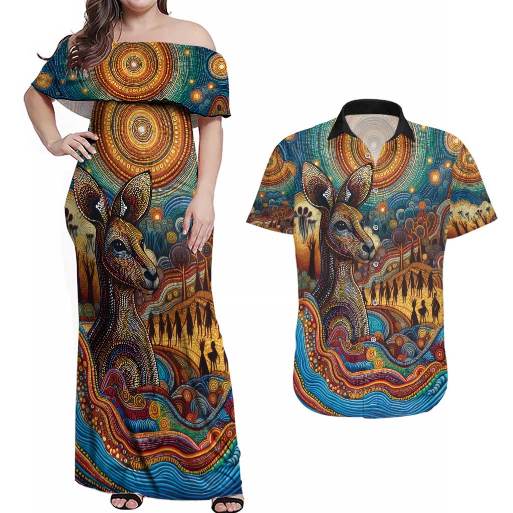 Aboriginal Dreamtime Stories Land Couples Matching Off Shoulder Maxi Dress and Hawaiian Shirt